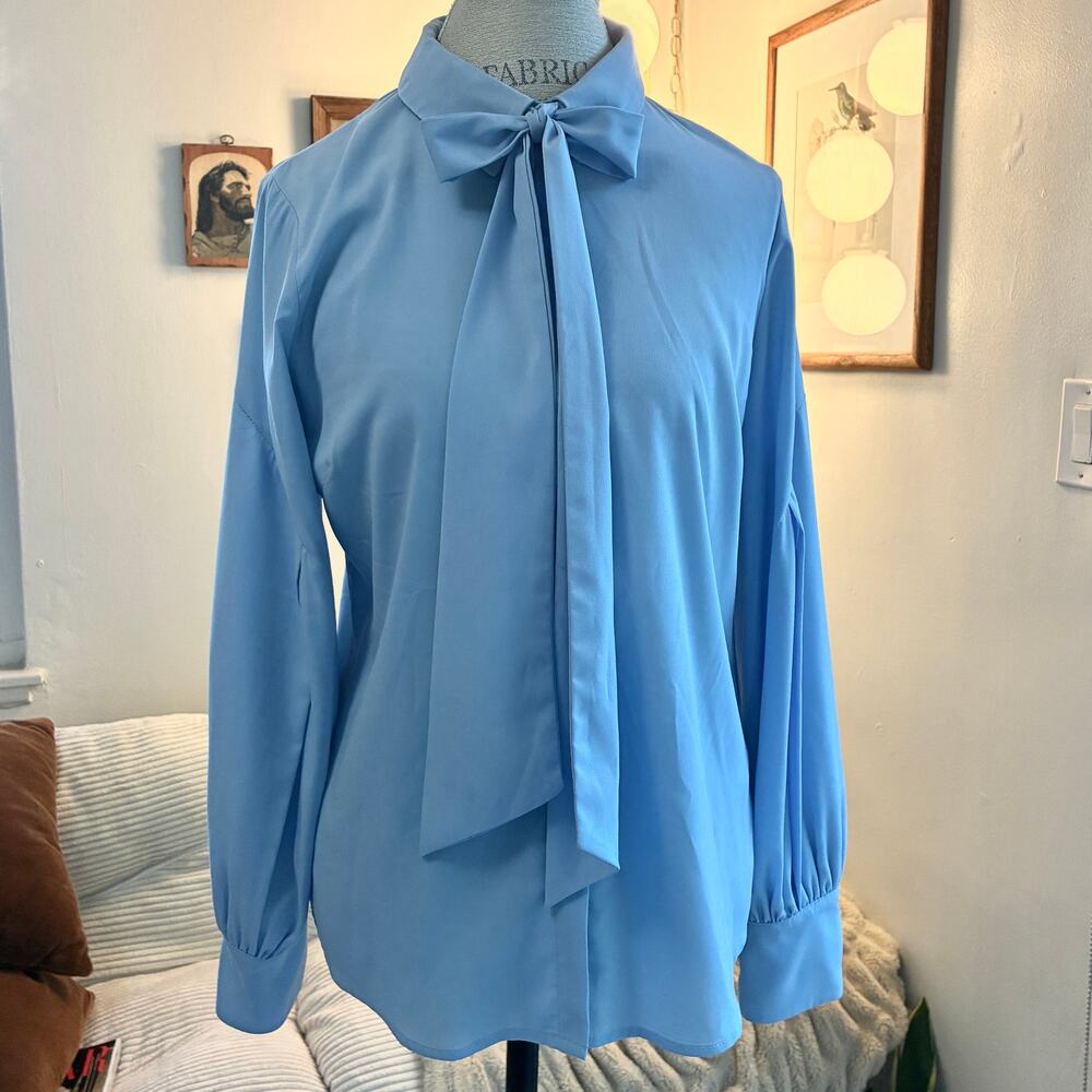 CeCe Light Blue Tie Neck Bow Blouse Long Sleeve Balloon Cuff Top Size M